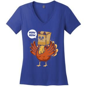 Funny Thanksgiving Day Fake Cat Turkey Meow Animal Farmer  Women's V-Neck T-Shirt