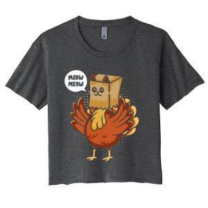 Funny Thanksgiving Day Fake Cat Turkey Meow Animal Farmer  Women's Crop Top Tee