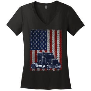 Funny Truck Driver American Flag Trucker Gift Women's V-Neck T-Shirt