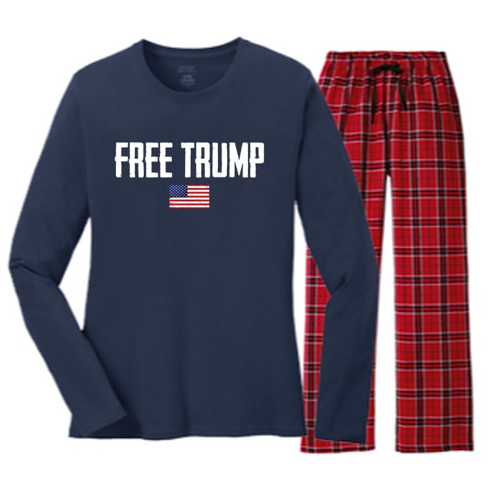 Free Trump Donald Trump Indictment American Flag Women's Long Sleeve Flannel Pajama Set 