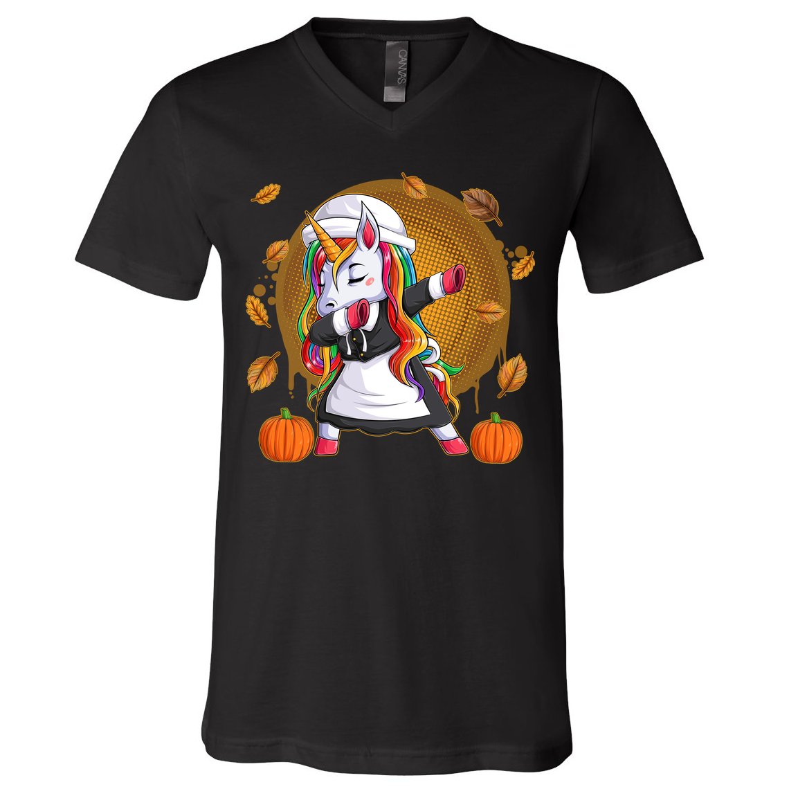 Funny Thanksgiving Dabbing Unicorn Pilgrim V-Neck T-Shirt