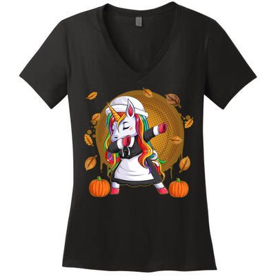 Funny Thanksgiving Dabbing Unicorn Pilgrim Women's V-Neck T-Shirt