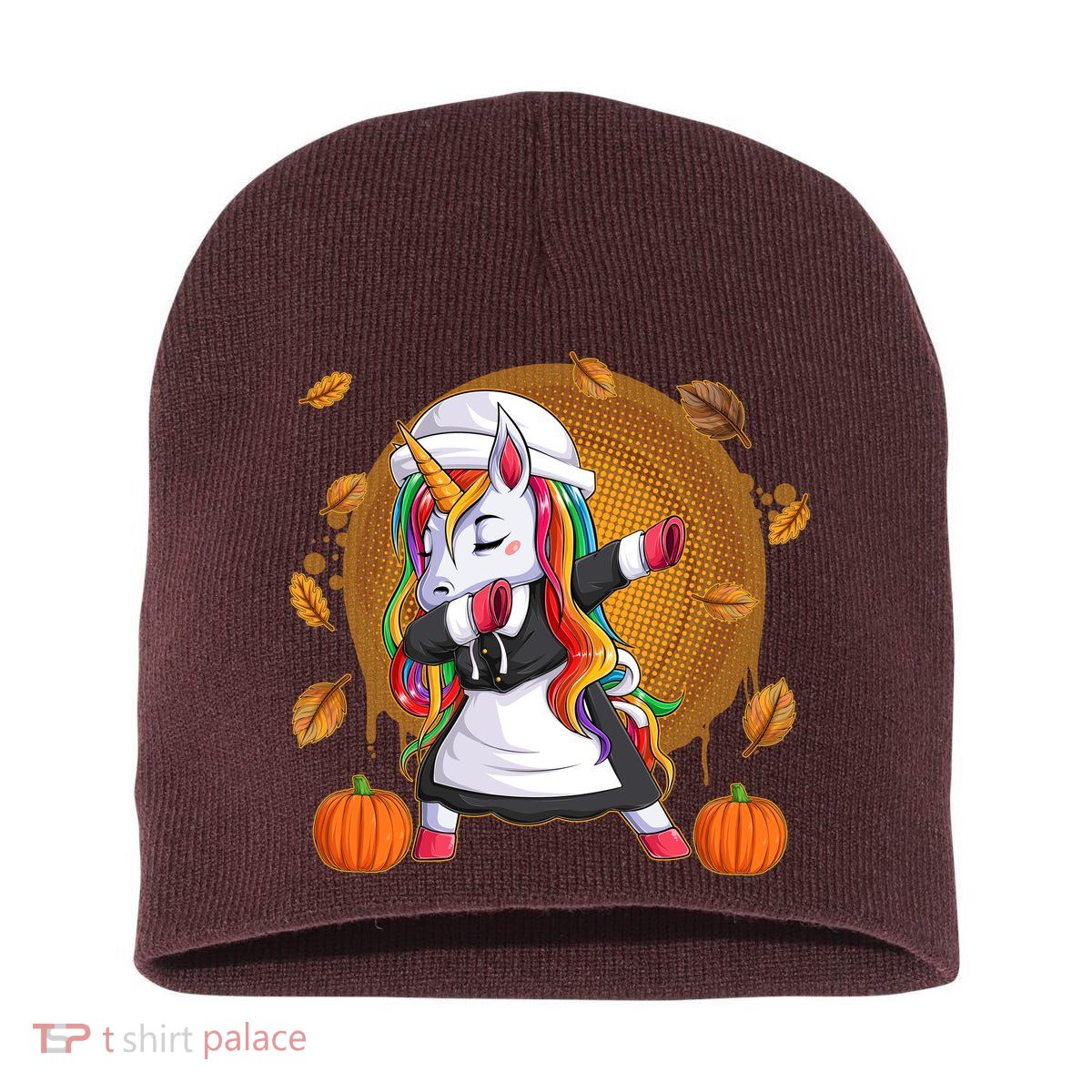 Funny Thanksgiving Dabbing Unicorn Pilgrim Short Acrylic Beanie