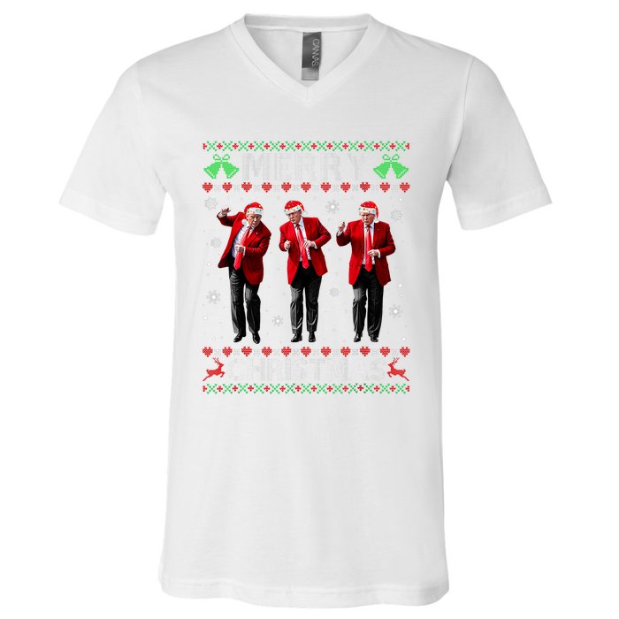 Funny Trump Dance Merry Christmas Ugly Xmas Sweater Pajamas V-Neck T-Shirt