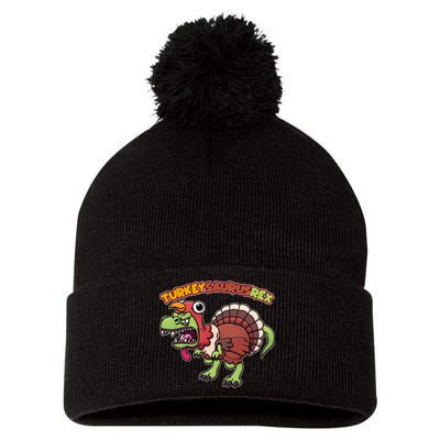 Funny Turkeysaurusrex Dinosaur In Turkey Costume Pom Pom 12in Knit Beanie