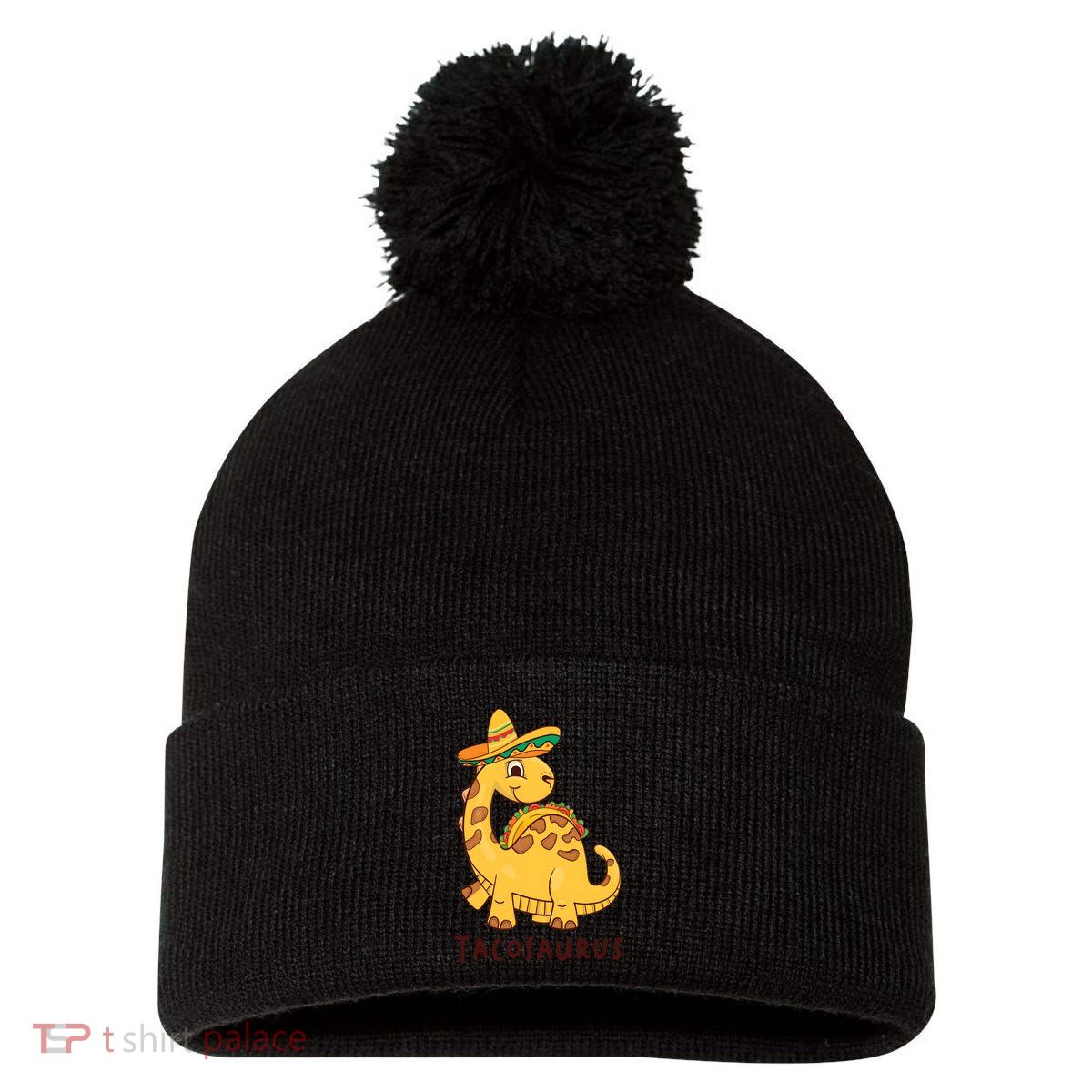 Funny Taco Dinosaur Tacosaurus Cinco De Mayo Pom Pom 12in Knit Beanie