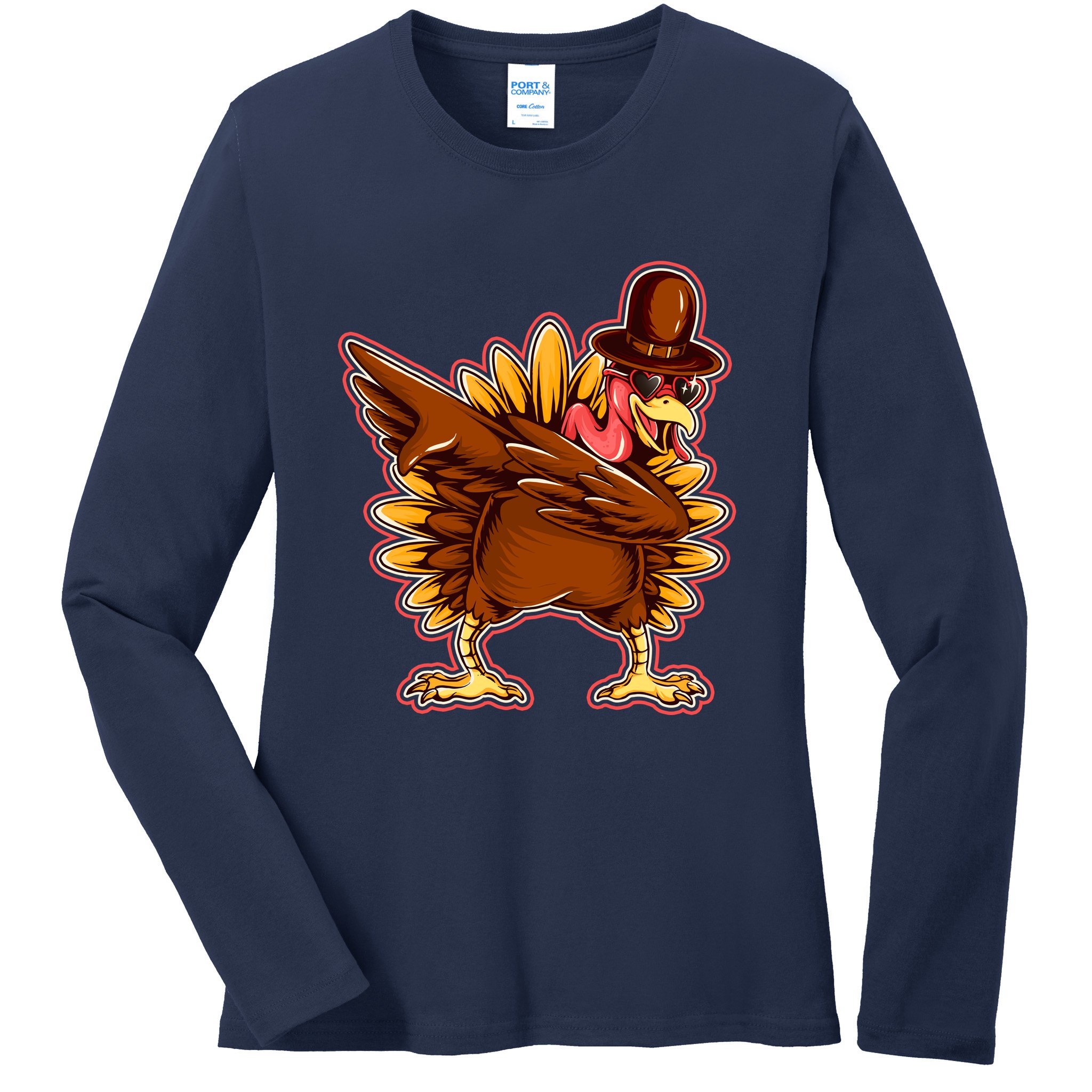 Funny Thanksgiving Dabbing Turkey Ladies Long Sleeve Shirt