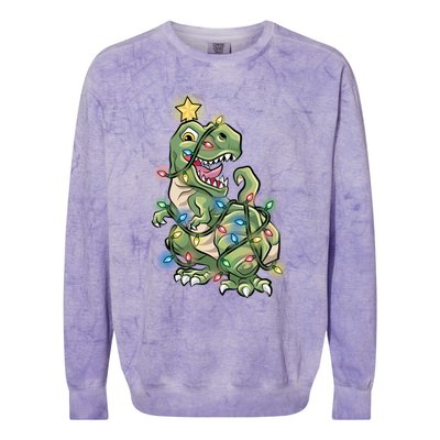 Funny Trex Dinosaur Tree Wrapped In Christmas Lights Cool Gift Colorblast Crewneck Sweatshirt