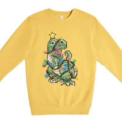 Funny Trex Dinosaur Tree Wrapped In Christmas Lights Cool Gift Premium Crewneck Sweatshirt