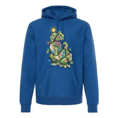 Funny Trex Dinosaur Tree Wrapped In Christmas Lights Cool Gift Premium Hoodie