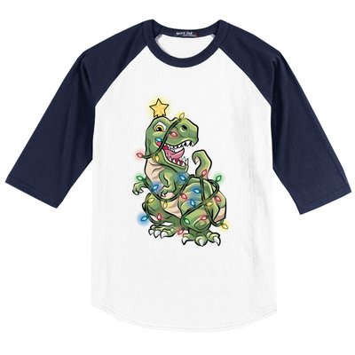 Funny Trex Dinosaur Tree Wrapped In Christmas Lights Cool Gift Baseball Sleeve Shirt