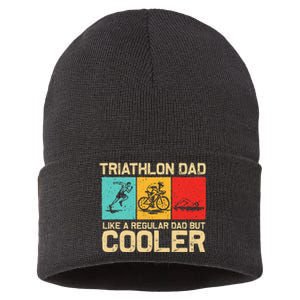 Funny Triathlon Design For Dad Swim Bike Run Triathletes Sustainable Knit Beanie