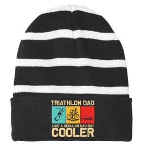 Funny Triathlon Design For Dad Swim Bike Run Triathletes Striped Beanie with Solid Band