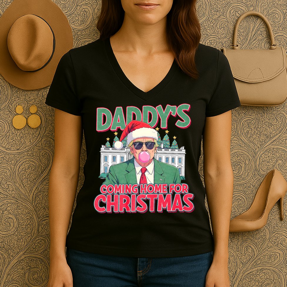 Funny Trump Daddys Home For Christmas 45 47 Trump Won Again Women's V-Neck T-Shirt