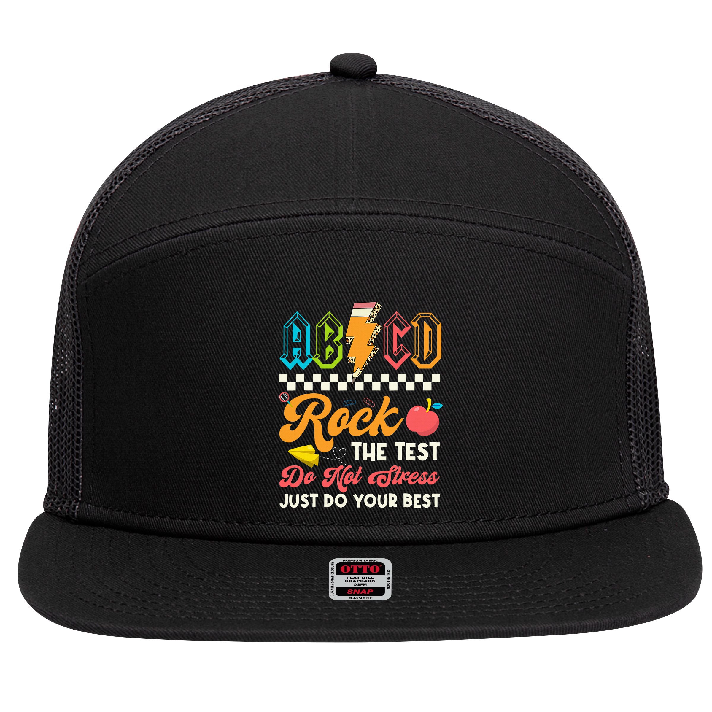Funny Test Day Abcd Pen Rock The Test Motivational Students 7 Panel Mesh Trucker Snapback Hat