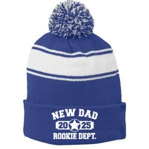 First Time Dad Est 2025 Rookie Dept Stripe Pom Pom Beanie