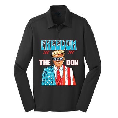 Freedom The Don 4th Of July Patriotic American Flag Trump Silk Touch Performance Long Sleeve Polo