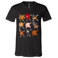 Funny Thanksgiving Dabbing Turkey Rex Pilgrim Dance V-Neck T-Shirt