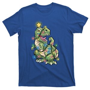 Funny Trex Dinosaur Tree Wrapped In Christmas Lights Cool Gift T-Shirt