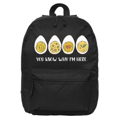 Funny Thanksgiving Dinner Deviled Egg You Know Why Im Here 16 in Basic Backpack