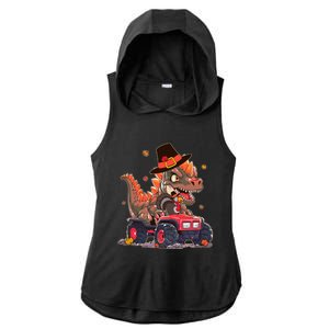 Funny Thanksgiving Dinosaur And Turkey Riding Monster Truck Ladies PosiCharge Tri-Blend Wicking Draft Hoodie Tank