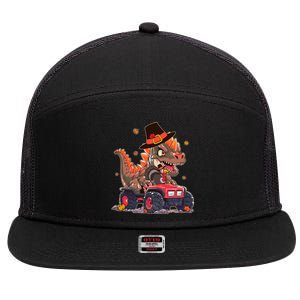 Funny Thanksgiving Dinosaur And Turkey Riding Monster Truck 7 Panel Mesh Trucker Snapback Hat