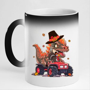 Funny Thanksgiving Dinosaur And Turkey Riding Monster Truck 11oz Black Color Changing Mug