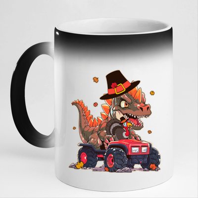 Funny Thanksgiving Dinosaur And Turkey Riding Monster Truck 11oz Black Color Changing Mug