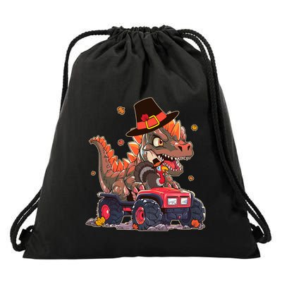 Funny Thanksgiving Dinosaur And Turkey Riding Monster Truck Drawstring Bag