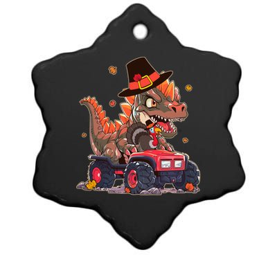 Funny Thanksgiving Dinosaur And Turkey Riding Monster Truck Ceramic Star Ornament