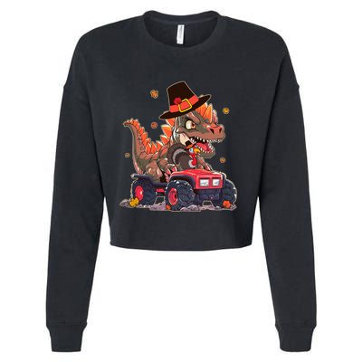 Funny Thanksgiving Dinosaur And Turkey Riding Monster Truck Cropped Pullover Crew