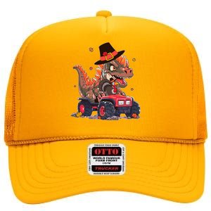 Funny Thanksgiving Dinosaur And Turkey Riding Monster Truck High Crown Mesh Back Trucker Hat