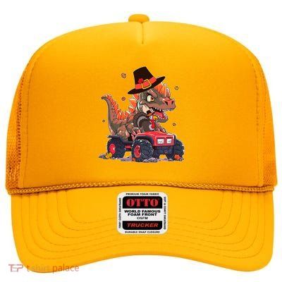 Funny Thanksgiving Dinosaur And Turkey Riding Monster Truck High Crown Mesh Back Trucker Hat