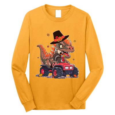 Funny Thanksgiving Dinosaur And Turkey Riding Monster Truck Long Sleeve Shirt
