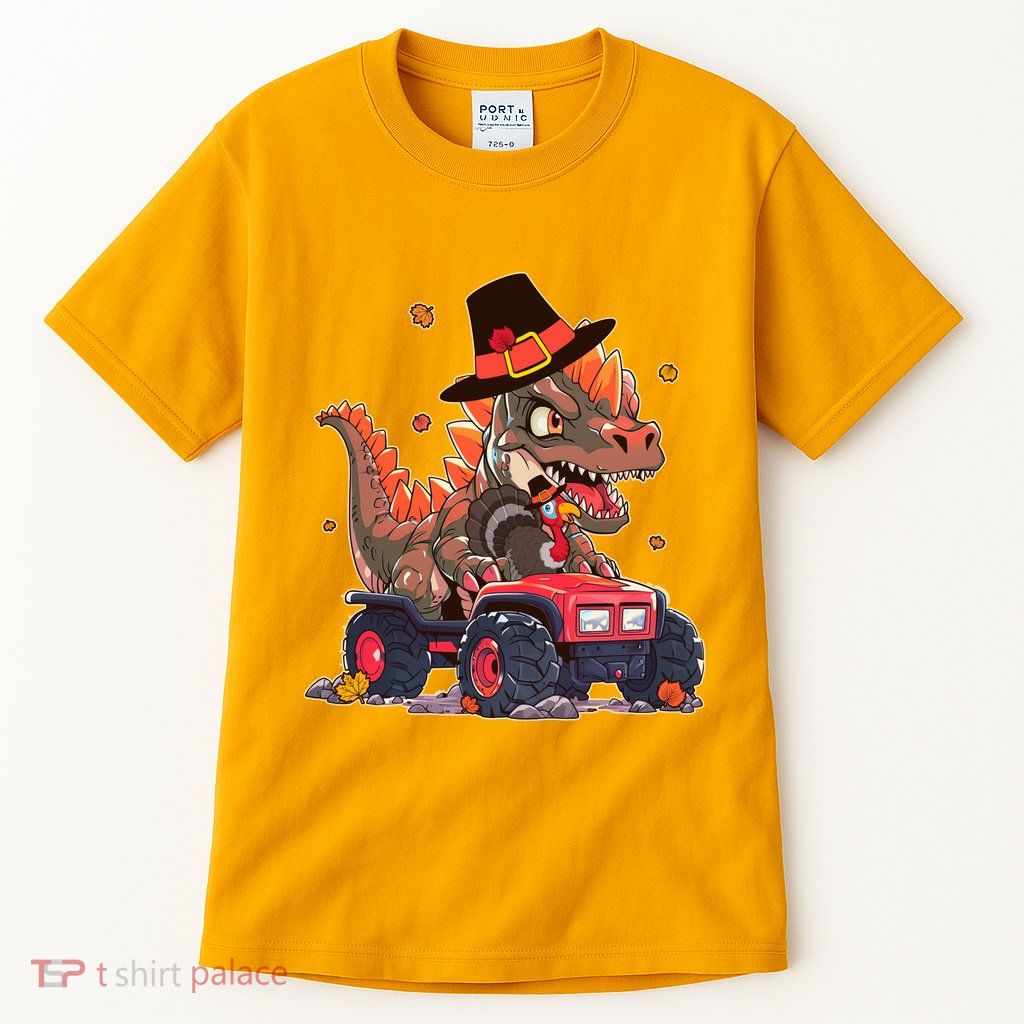 Funny Thanksgiving Dinosaur And Turkey Riding Monster Truck Tall T-Shirt