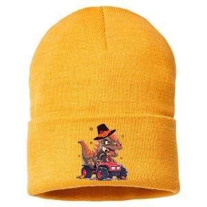 Funny Thanksgiving Dinosaur And Turkey Riding Monster Truck Sustainable Knit Beanie