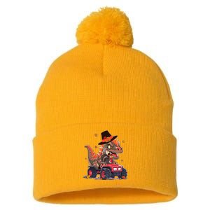 Funny Thanksgiving Dinosaur And Turkey Riding Monster Truck Pom Pom 12in Knit Beanie