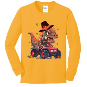 Funny Thanksgiving Dinosaur And Turkey Riding Monster Truck Kids Long Sleeve Shirt