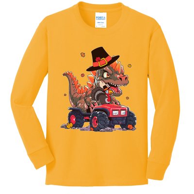 Funny Thanksgiving Dinosaur And Turkey Riding Monster Truck Kids Long Sleeve Shirt