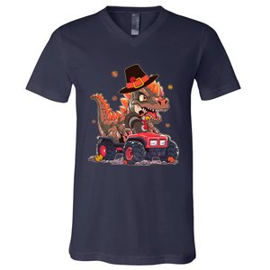 Funny Thanksgiving Dinosaur And Turkey Riding Monster Truck V-Neck T-Shirt