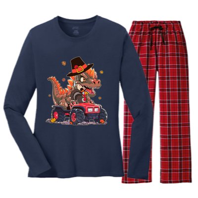 Funny Thanksgiving Dinosaur And Turkey Riding Monster Truck Women's Long Sleeve Flannel Pajama Set 