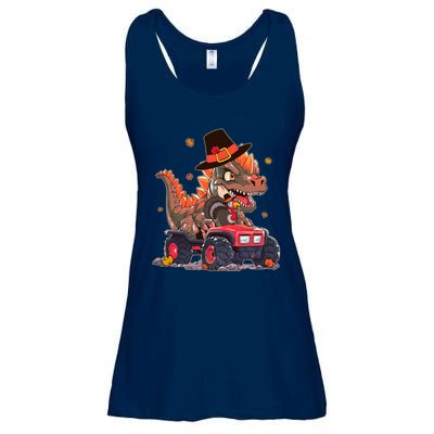 Funny Thanksgiving Dinosaur And Turkey Riding Monster Truck Ladies Essential Flowy Tank