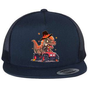 Funny Thanksgiving Dinosaur And Turkey Riding Monster Truck Flat Bill Trucker Hat