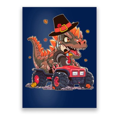 Funny Thanksgiving Dinosaur And Turkey Riding Monster Truck Poster