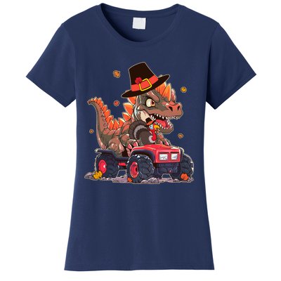 Funny Thanksgiving Dinosaur And Turkey Riding Monster Truck Women's T-Shirt