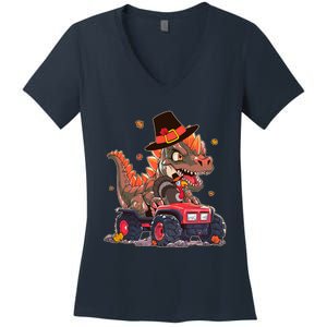 Funny Thanksgiving Dinosaur And Turkey Riding Monster Truck Women's V-Neck T-Shirt