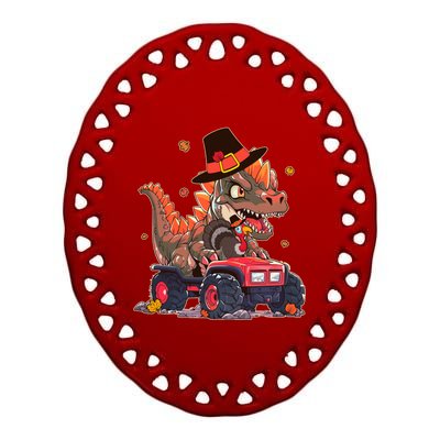 Funny Thanksgiving Dinosaur And Turkey Riding Monster Truck Ceramic Oval Ornament