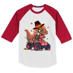 Funny Thanksgiving Dinosaur And Turkey Riding Monster Truck Kids Colorblock Raglan Jersey