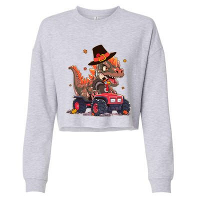 Funny Thanksgiving Dinosaur And Turkey Riding Monster Truck Cropped Pullover Crew