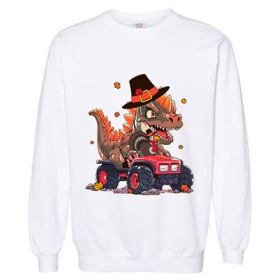 Funny Thanksgiving Dinosaur And Turkey Riding Monster Truck Garment-Dyed Sweatshirt